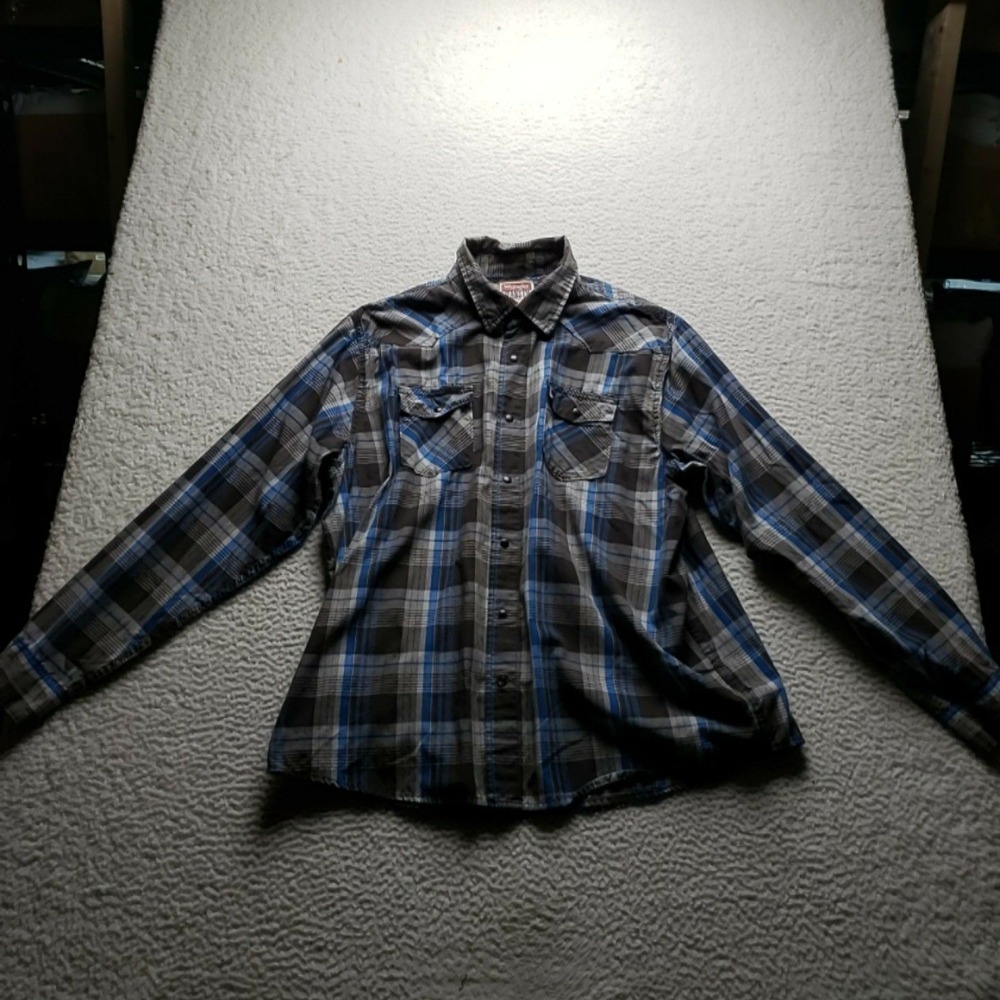 Wrangler Jeans Co Shirt Mens 2XL Blue Plaid Long Sleeve Western Snap Pockets